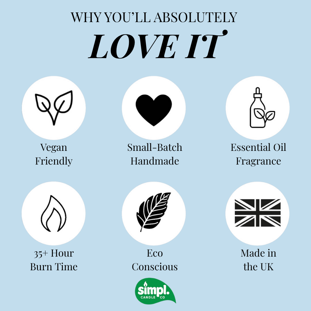 List of reasons why a product is loved, including vegan friendly, small-batch handmade, essential oil fragrance, eco conscious, made in the UK, and 35+ hour burn time, with Simpl Candle branding.
